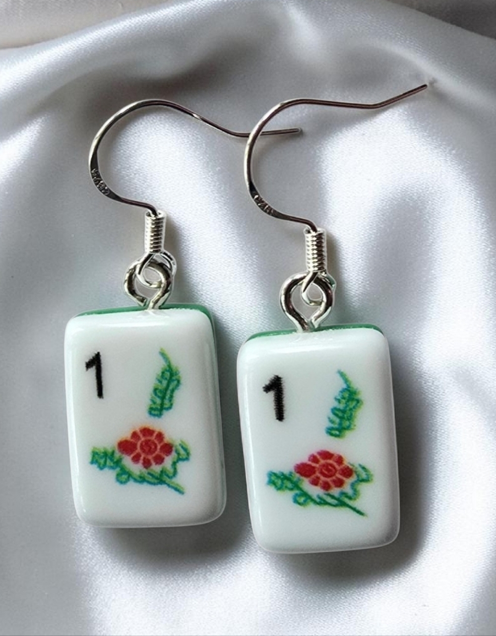 DESIGNER ORIGINAL MAHJOMG LOVERS FLOWER CERAMIC EARRINGS 925POST SILVER